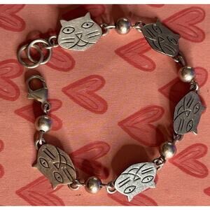 Vintage Sterling Silver 925 CAT Bracelet Happy Cats Bracelet With 925 Bead 7.25